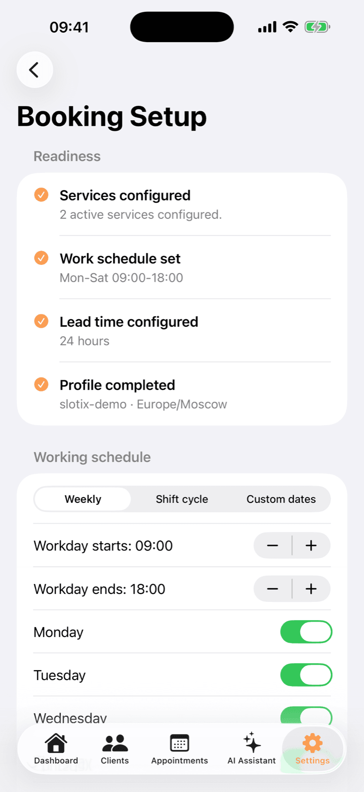 Slotix booking readiness settings on iPhone