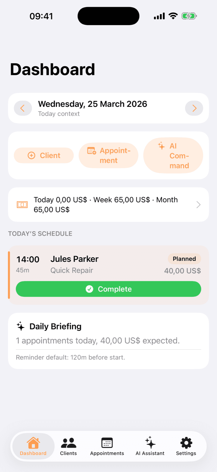 Slotix dashboard showing today agenda and revenue overview